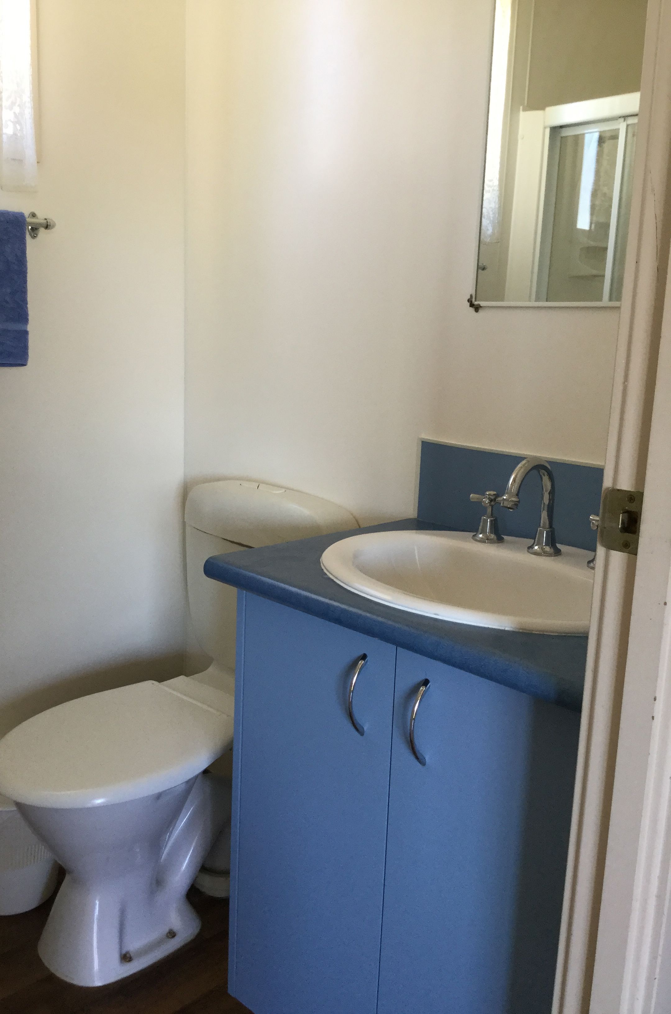 A bathroom with a toilet, a sink, and a mirror.