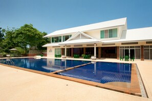 Outdoor pool, pool umbrellas, pool loungers