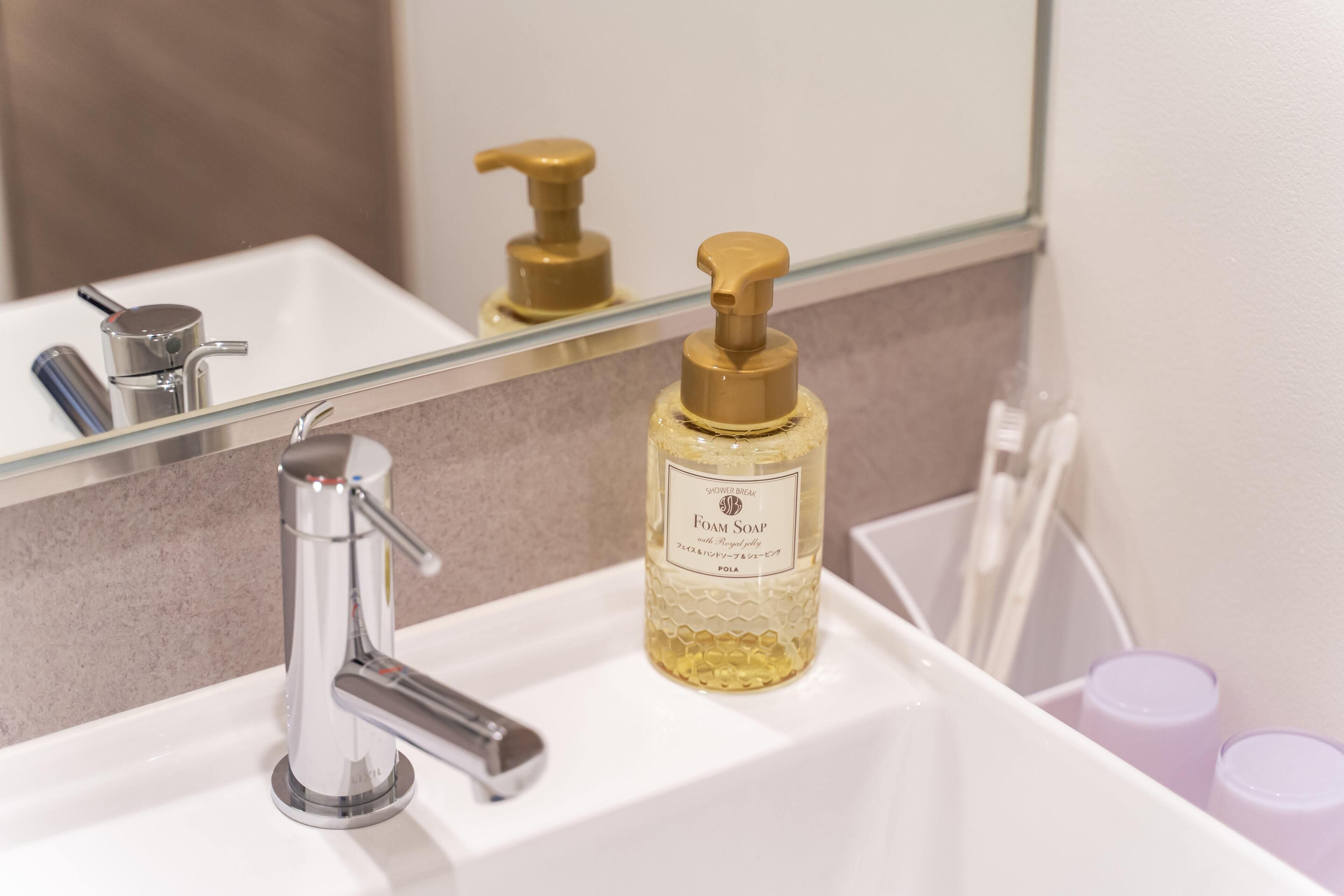 A bathroom sink with a chrome faucet, a bottle of foam soap, and a mirror reflecting the faucet and soap bottle.