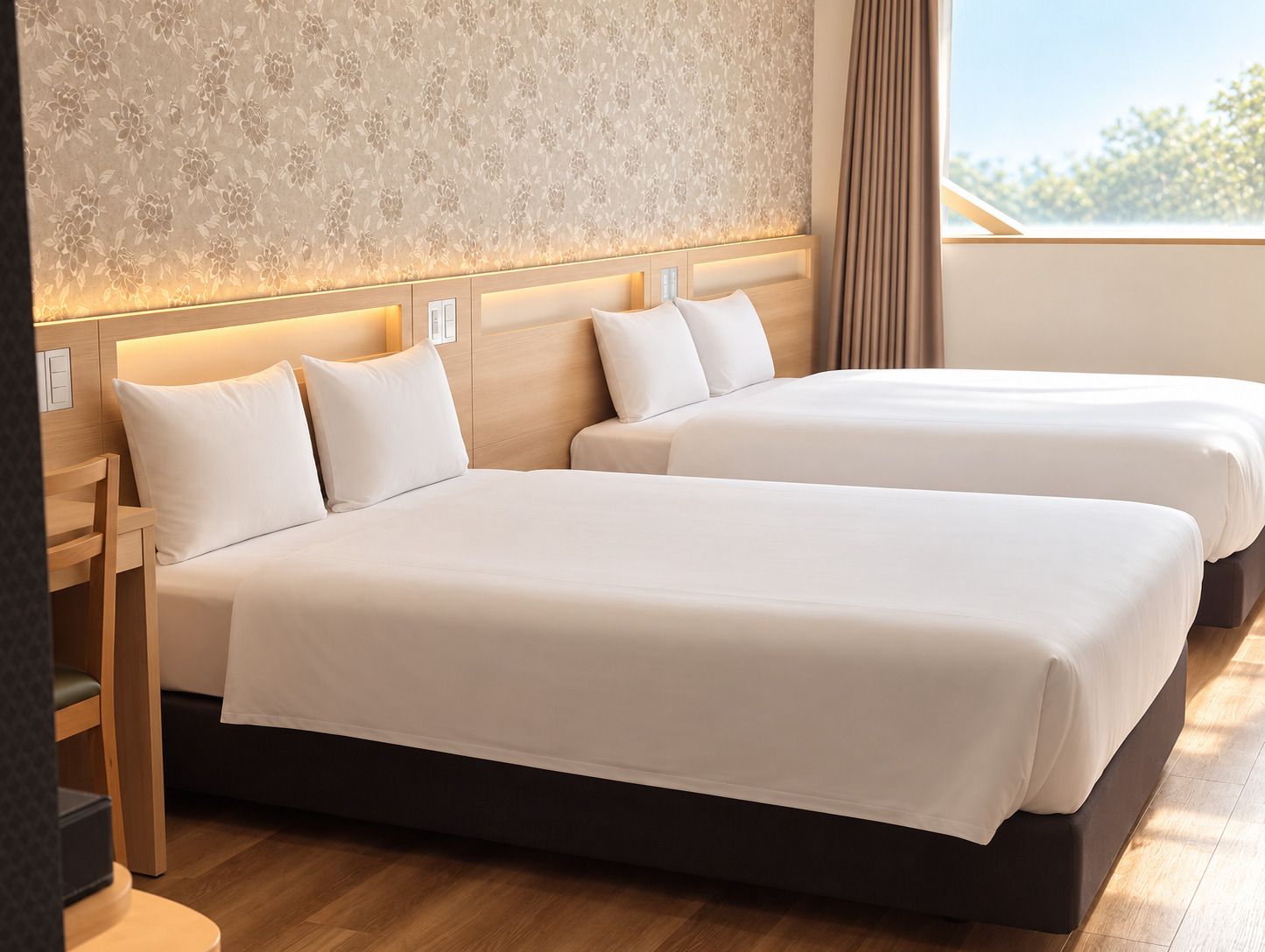 A hotel room with two beds, a wooden headboard, a floral-patterned wall, and a view of the outdoors.