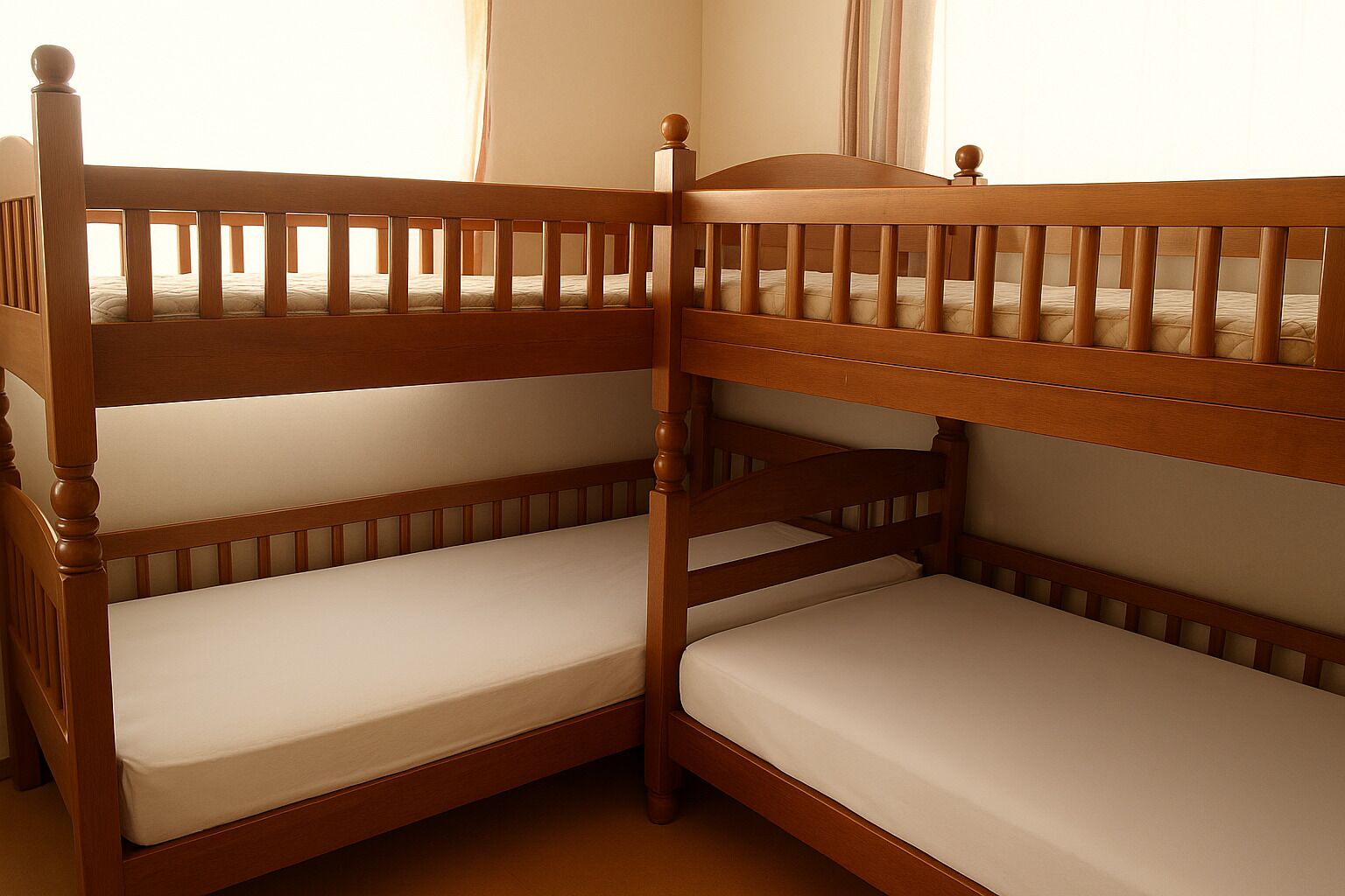 A bunk bed with a wooden frame and white bedding.