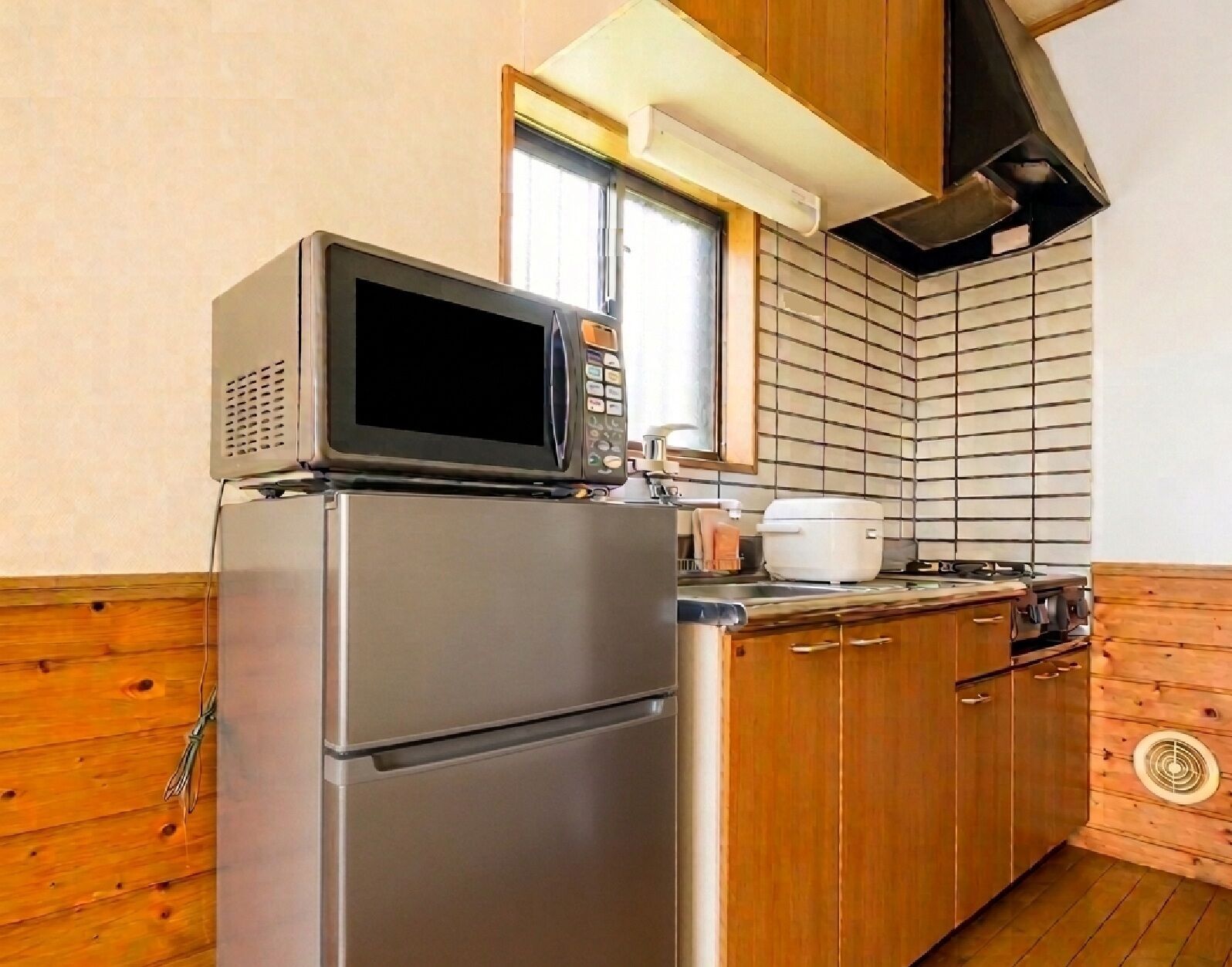 Mini-fridge, microwave, stovetop, rice cooker