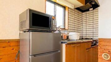 Mini-fridge, microwave, stovetop, rice cooker