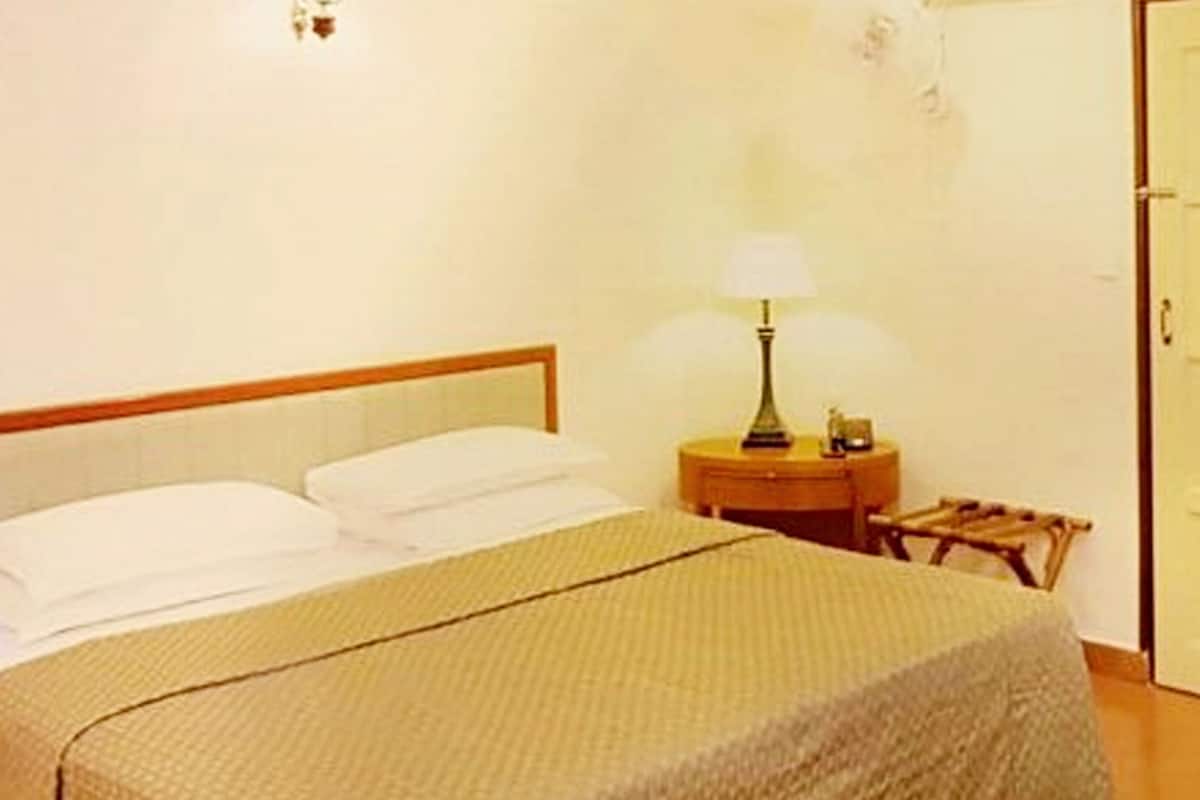 Une chambre d’hôtel comprenant un lit, une table de chevet avec une lampe, une chaise en bois, un bureau et un miroir.