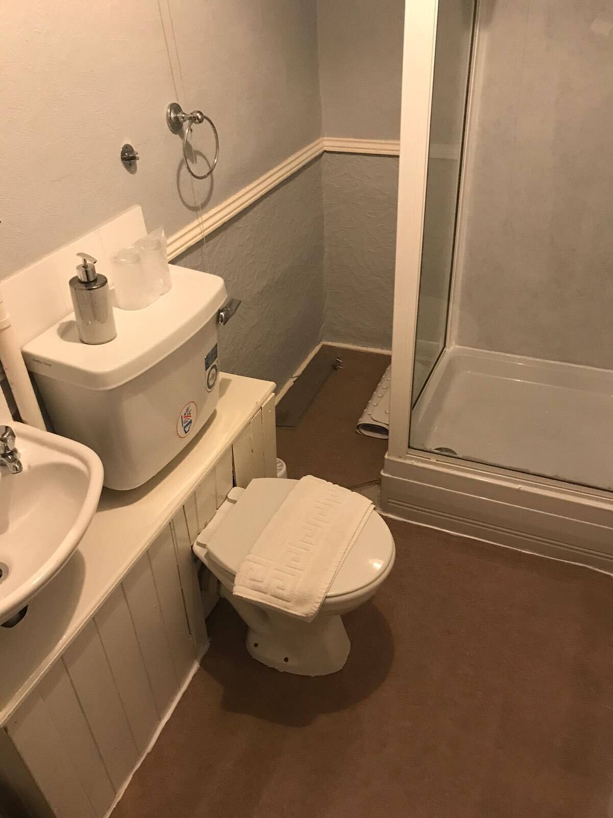 Un baño con inodoro, lavamanos y zona de ducha.
