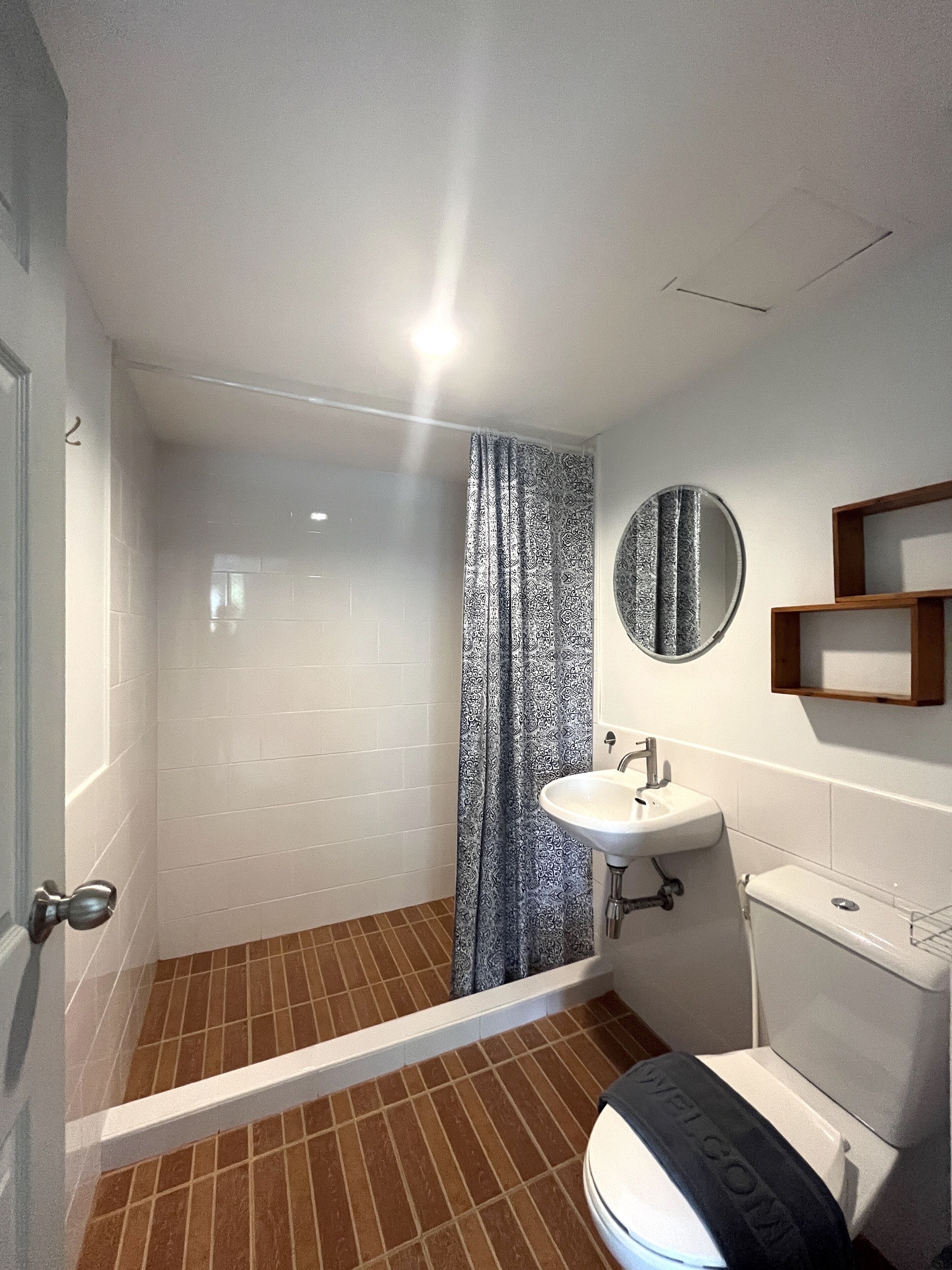 A bathroom with a shower, a sink, a toilet, and a mirror.