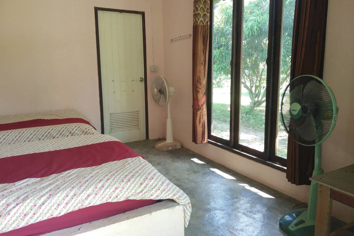 A room with a bed, a standing fan, a window with curtains, and a door.