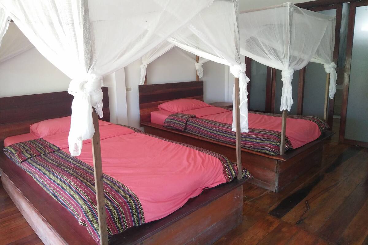 A room with three wooden beds, each with a canopy.