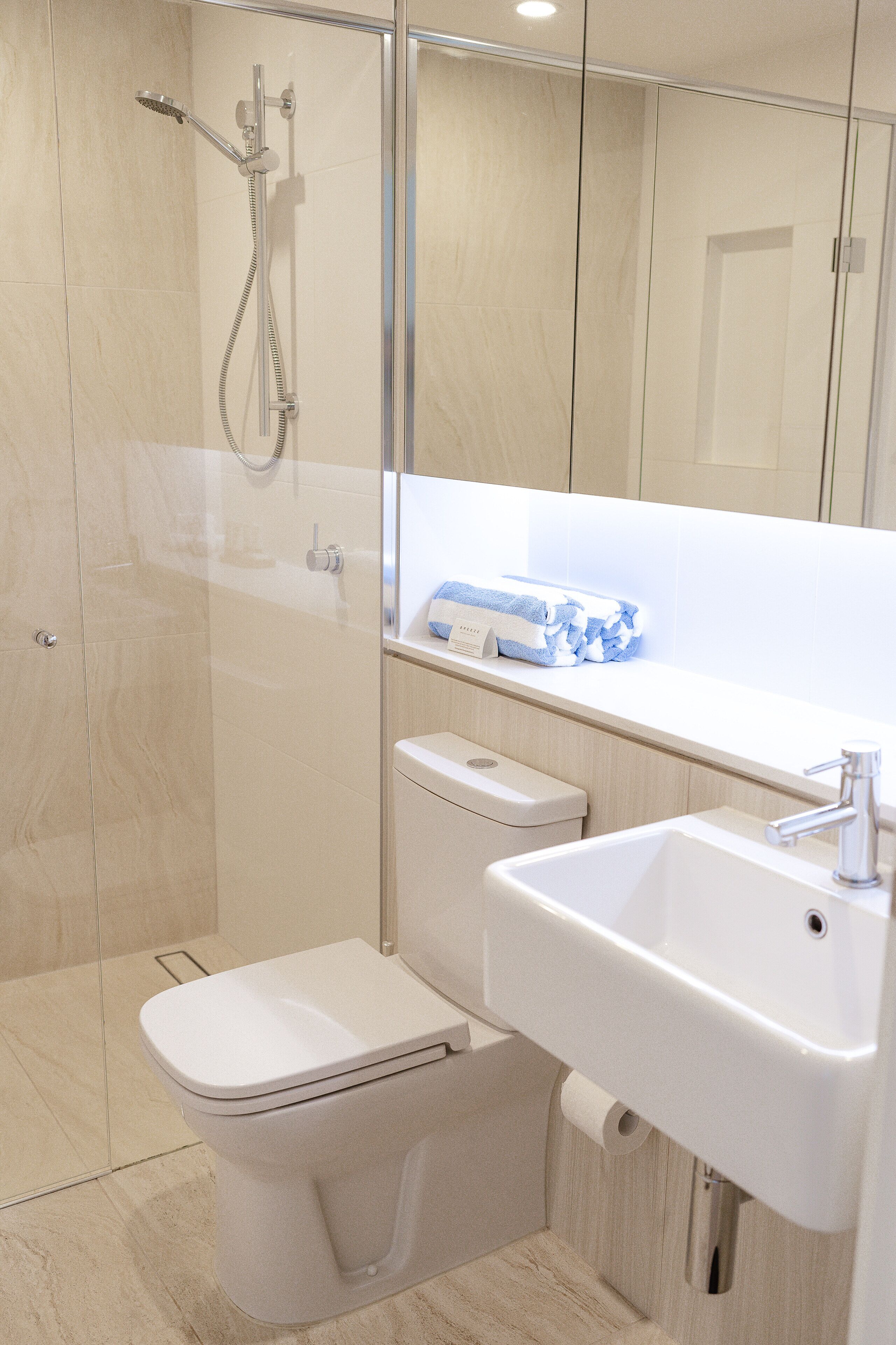 A modern bathroom with a glass shower enclosure, a toilet, and a sink with a mirror above.