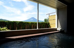 A view from a window overlooking a pool with a mountain in the background. - Kawaguchiko country cottage Ban (Fujikawaguchiko)