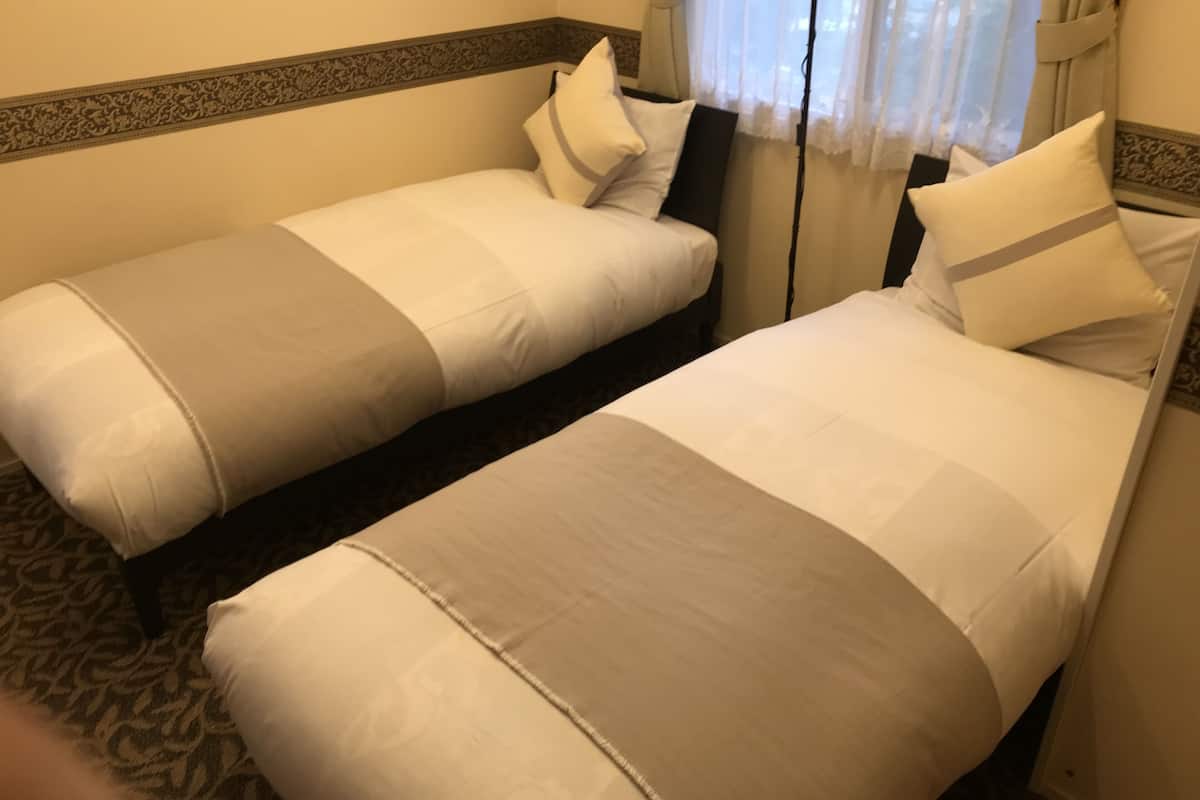 Two single beds with white bedding and a patterned carpet.