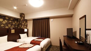 A hotel room with two beds, a desk, a chair, a television, and a control panel. - Hotel Links Namba (Osaka)