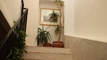 A staircase with terracotta steps and a black railing, leading to a landing with potted plants and a framed picture.