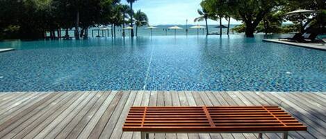 Outdoor pool, pool umbrellas, pool loungers