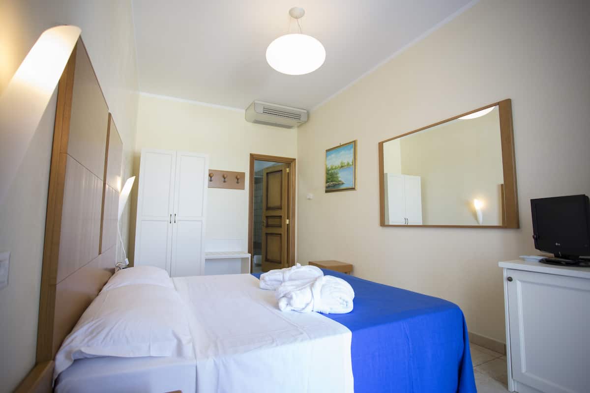 Ein Hotelzimmer mit Bett, Schreibtisch, Fernseher und Spiegel.