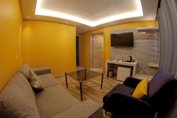 Suite Deluxe | Zona de estar | Televisión LCD de 32 pulgadas con canales por satélite, una televisión