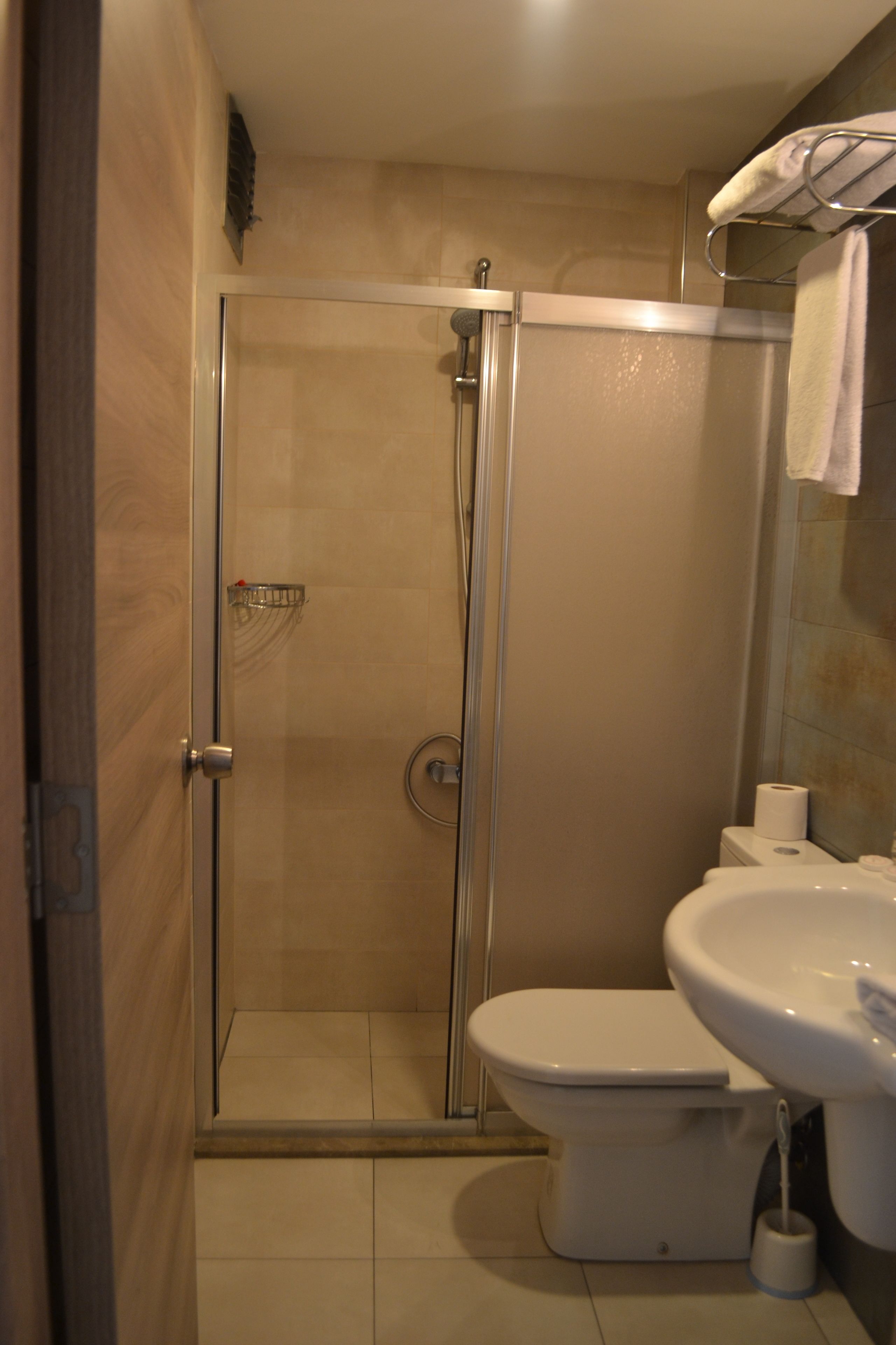 Een badkamer met een glazen douchecabine, toilet en wastafel.