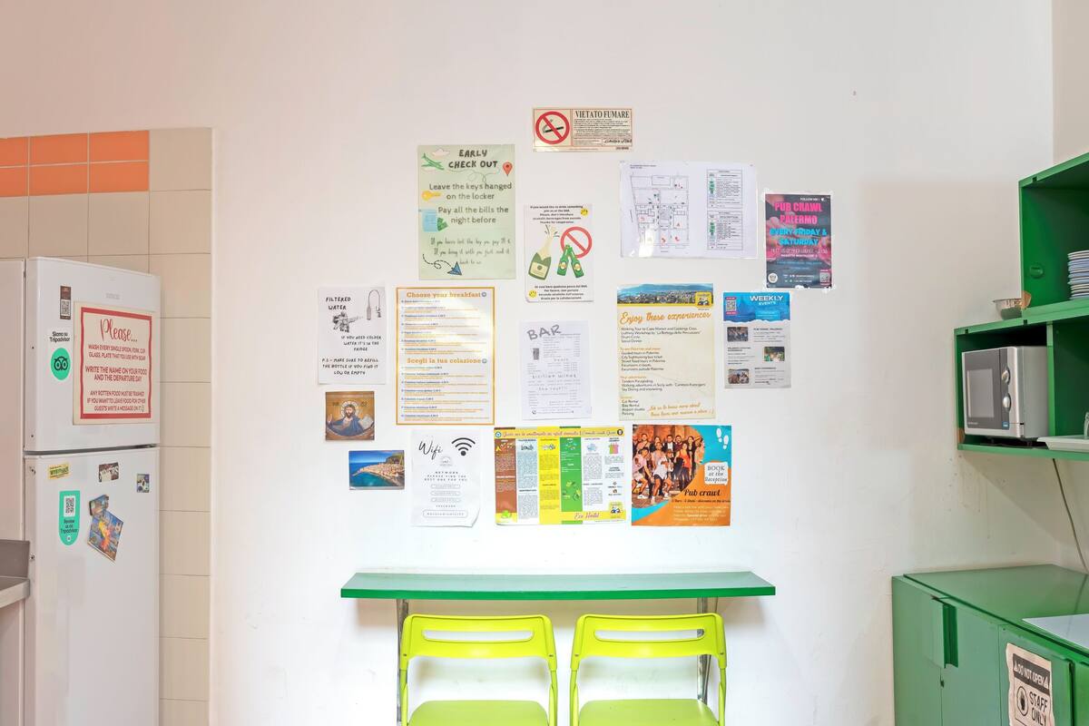 Eine Küche mit Kühlschrank, Spüle und verschiedenen Küchenutensilien, die an der Wand hängen. Mehrere Schilder und Aushänge sind an der Wand angebracht, darunter ein Rauchverbotsschild und ein Schild mit der Aufschrift ‚Bitte‘.