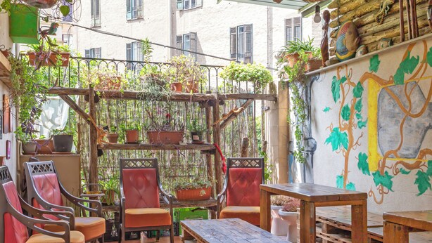 Un rincón exterior acogedor con mesas y sillas de madera, rodeado de plantas en macetas y una valla de bambú.