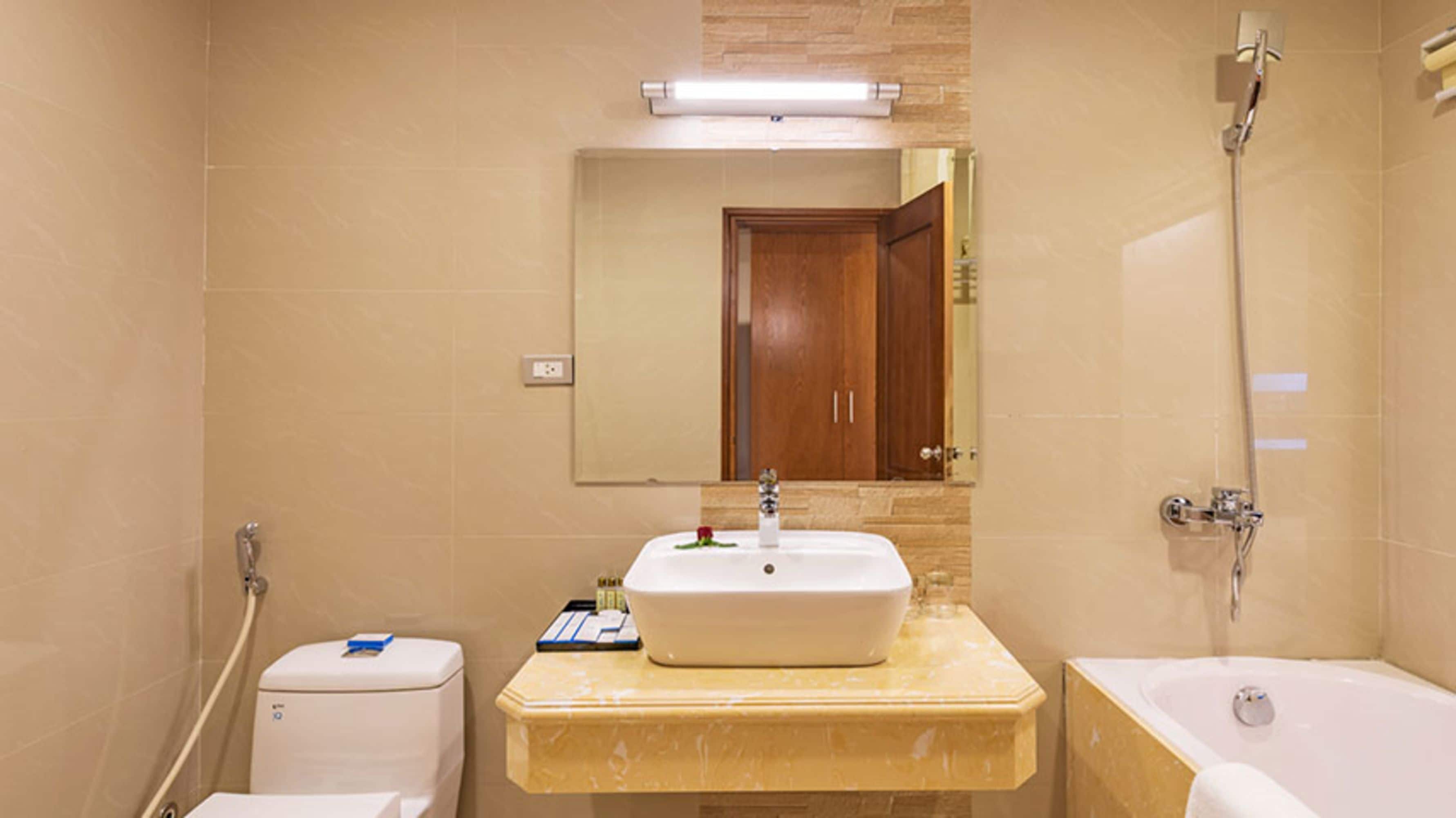 A bathroom with a white sink, a mirror, a wooden door, a shower, and a toilet.