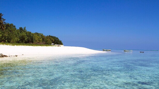 A beach with clear turquoise water, a sandy shore, and a few boats. - Tropic Tree Hotel Maldives (Gulhi)