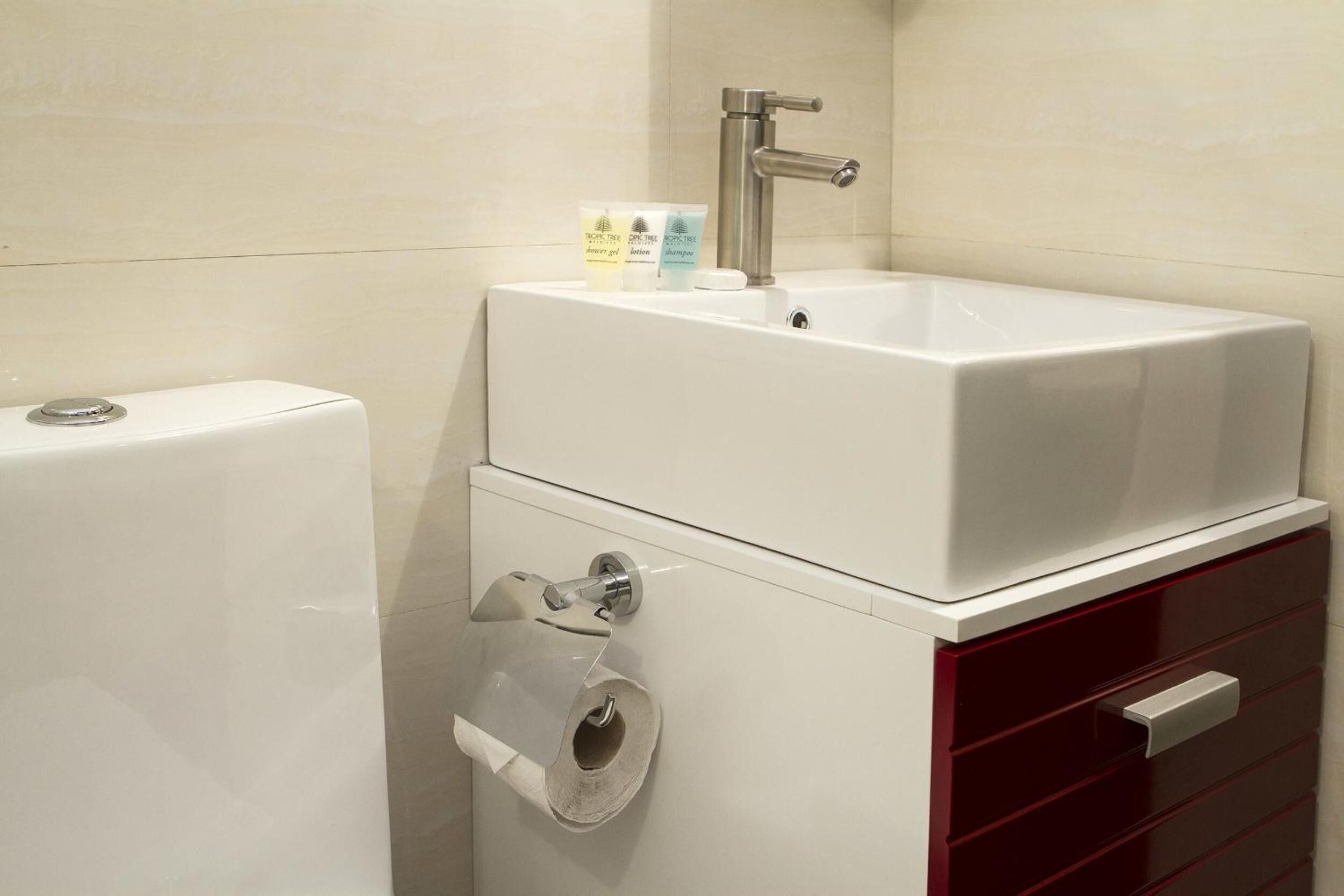 Un baño con inodoro, lavamanos y dispensador de papel higiénico.