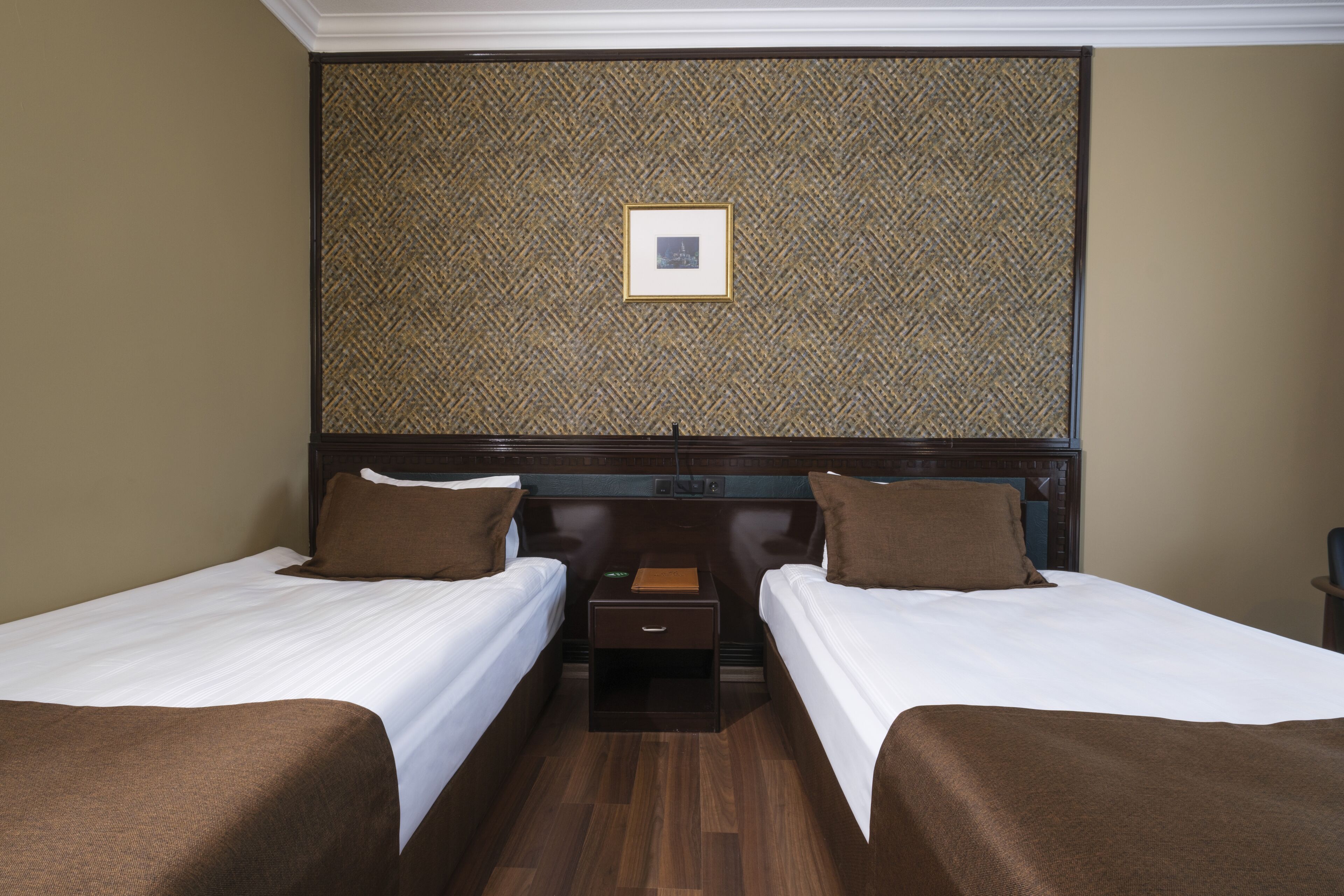 Habitación de hotel con dos camas individuales, cabecero de madera, mesita de noche pequeña con lámpara y un cuadro enmarcado en la pared.