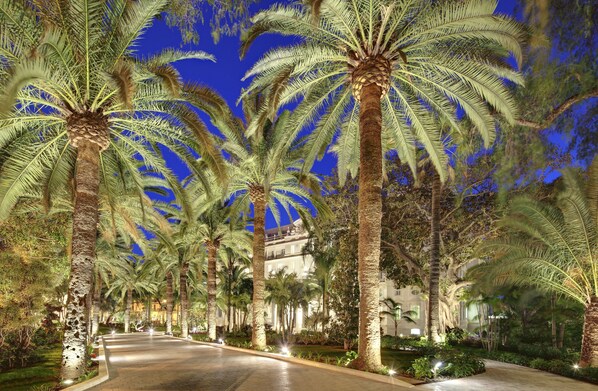 A pathway lined with palm trees leading to a building with illuminated windows. - Gran Hotel Miramar GL (Málaga)