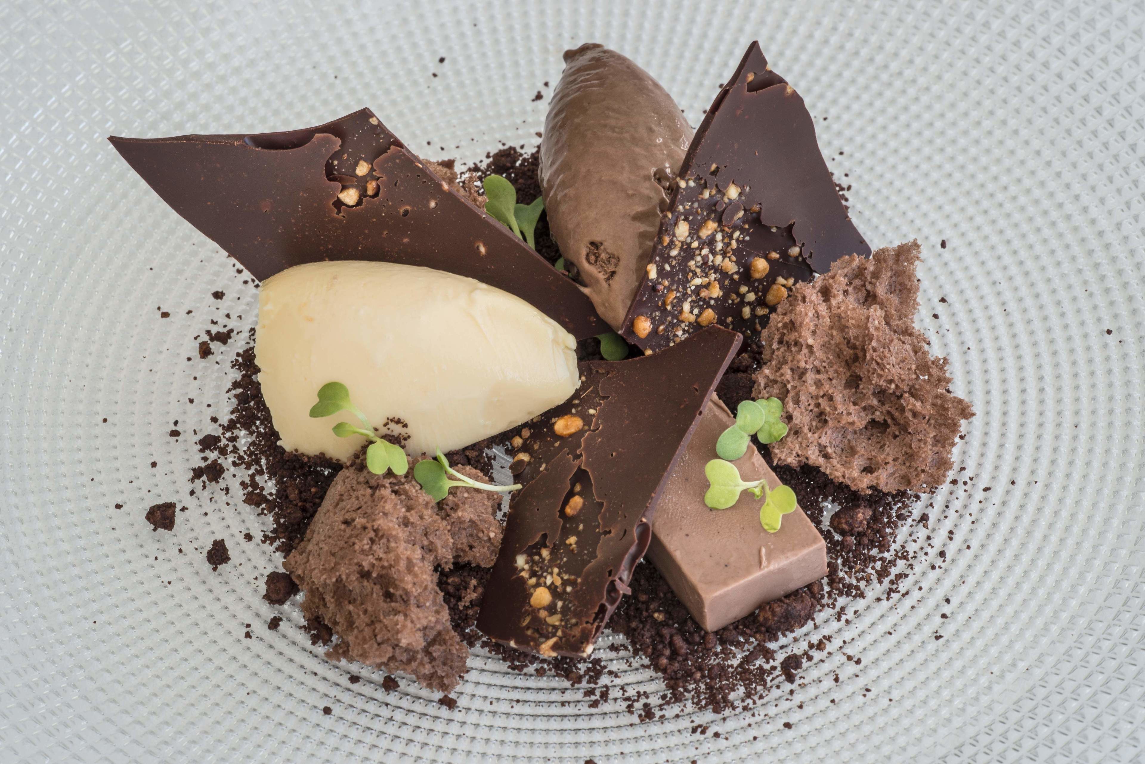 A dessert with chocolate pieces, a scoop of ice cream, and a piece of cake on a textured plate.