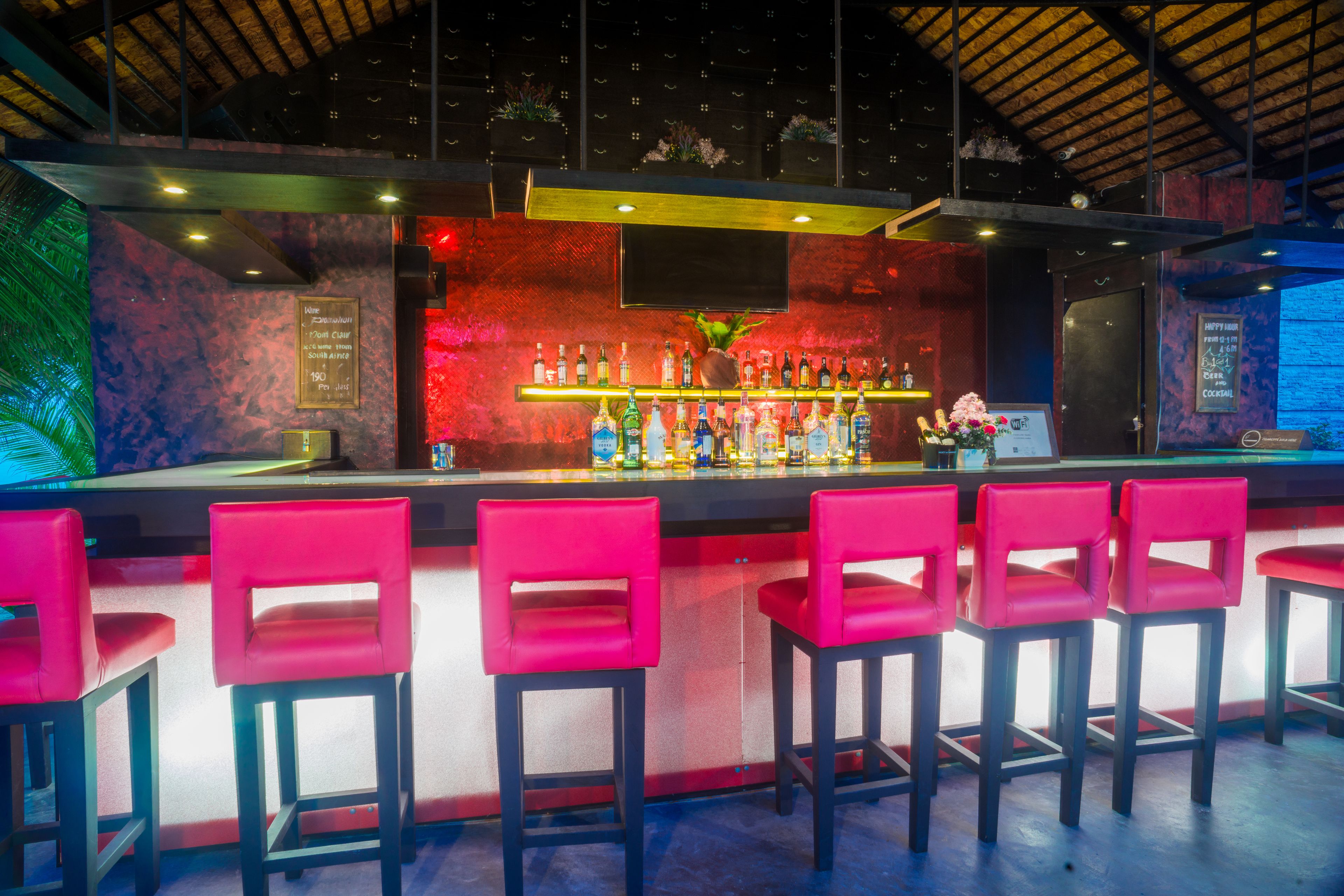 A bar area with red bar stools, a variety of bottles, and a decorative plant.