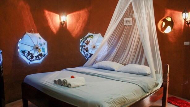 A bed with a canopy, two wall-mounted lights, and a red rug.