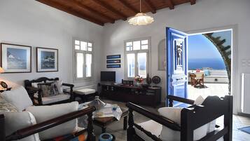 Villa, 2 Bedrooms (Tinos Sky View 2) | Living room | 32-inch flat-screen TV with satellite channels, TV