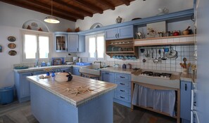 Villa, 2 camere da letto (Tinos Sky View 2) | Cucina privata | Frigorifero con congelatore, piano cottura, macchina per tè/caffè