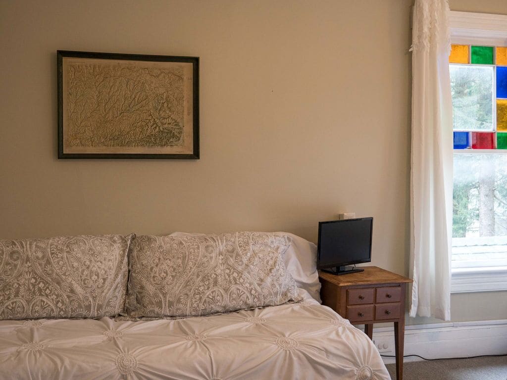 A bedroom with a bed, a television on a wooden side table, a framed artwork on the wall, and a window with a view of trees.