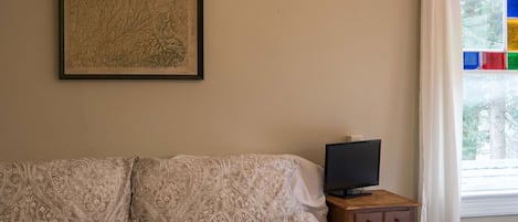 A bedroom with a bed, a television on a wooden side table, a framed artwork on the wall, and a window with a view of trees.