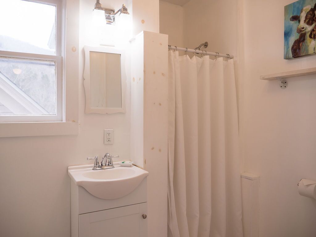 A bathroom with a white sink, a mirror, a shower curtain, and a painting of a cow on the wall.