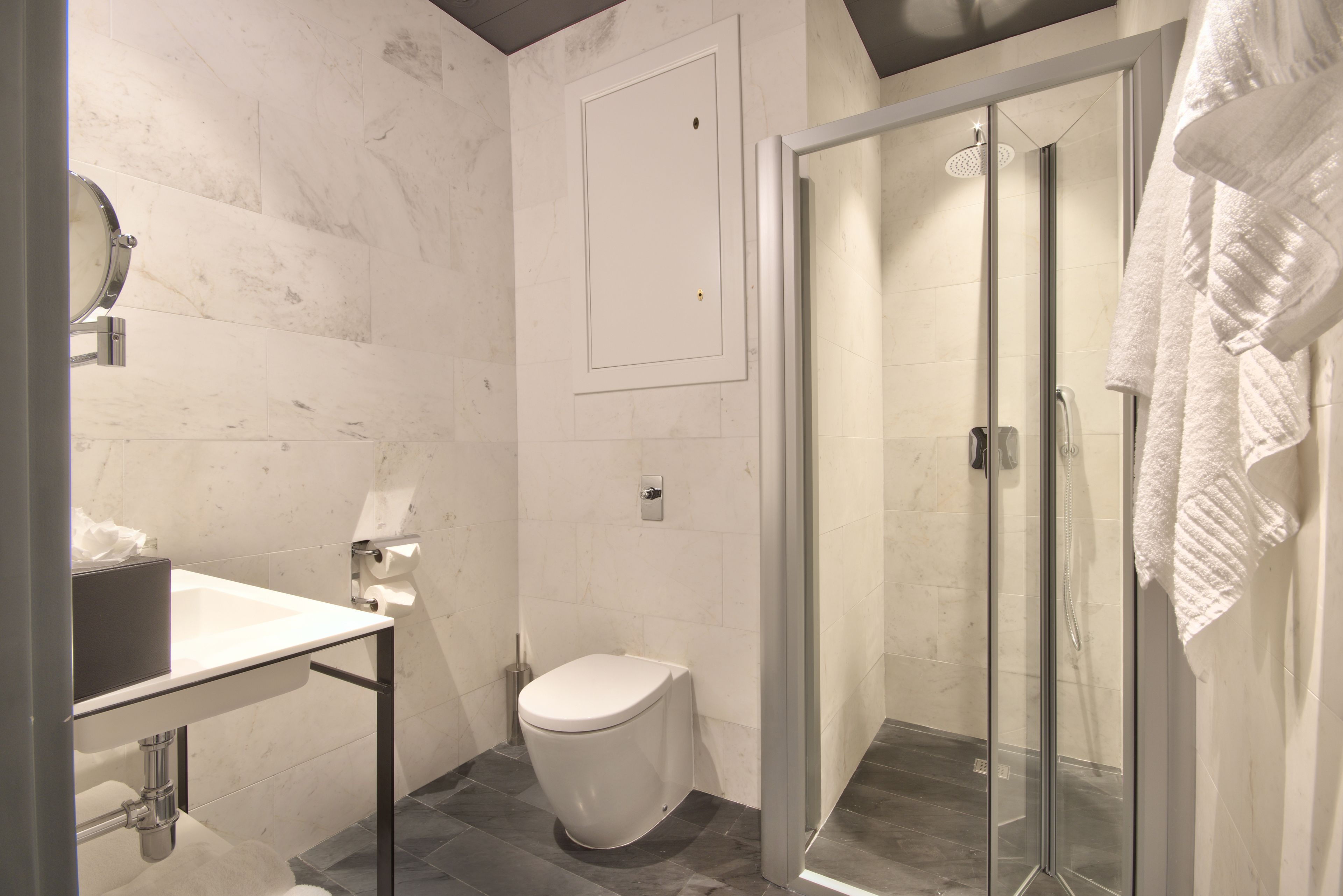 A modern bathroom with a glass shower enclosure, a toilet, and a sink with a mirror.