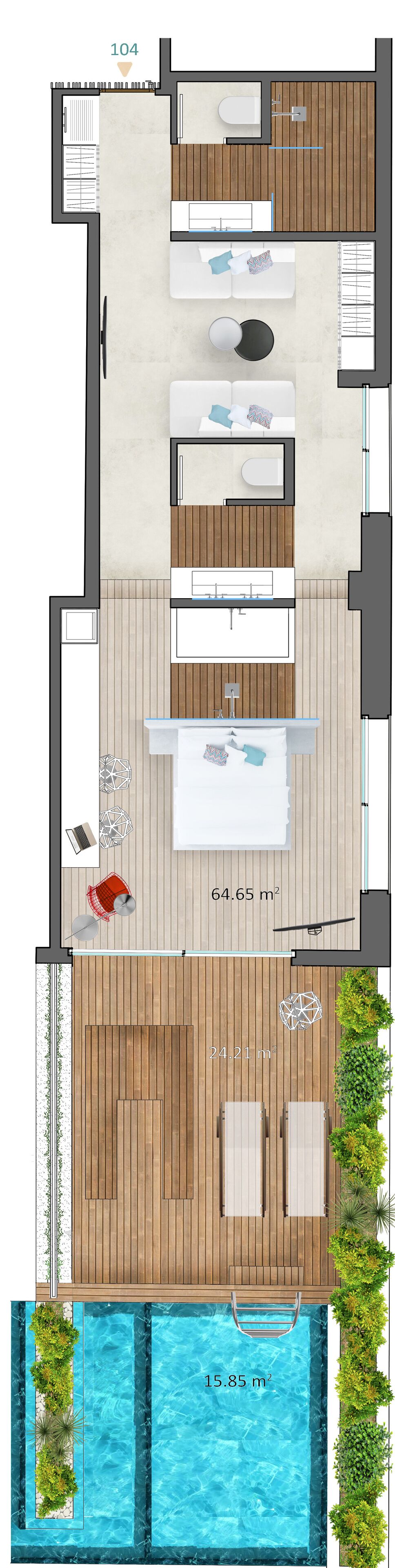 A modern apartment layout with a living area, kitchen, and a balcony with a pool.