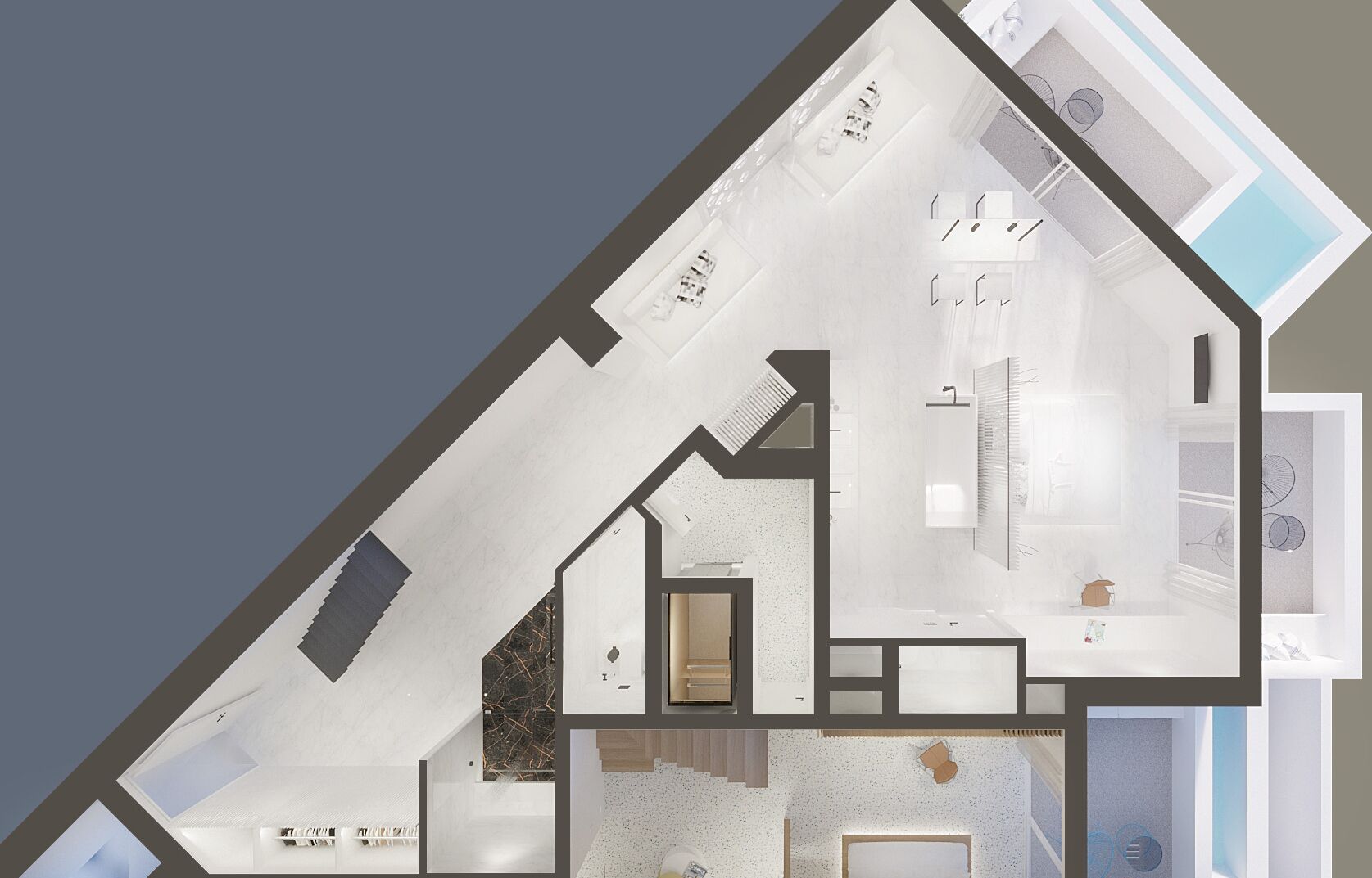 Plano de planta de un hotel que incluye cocina, comedor, sala de estar y baño.
