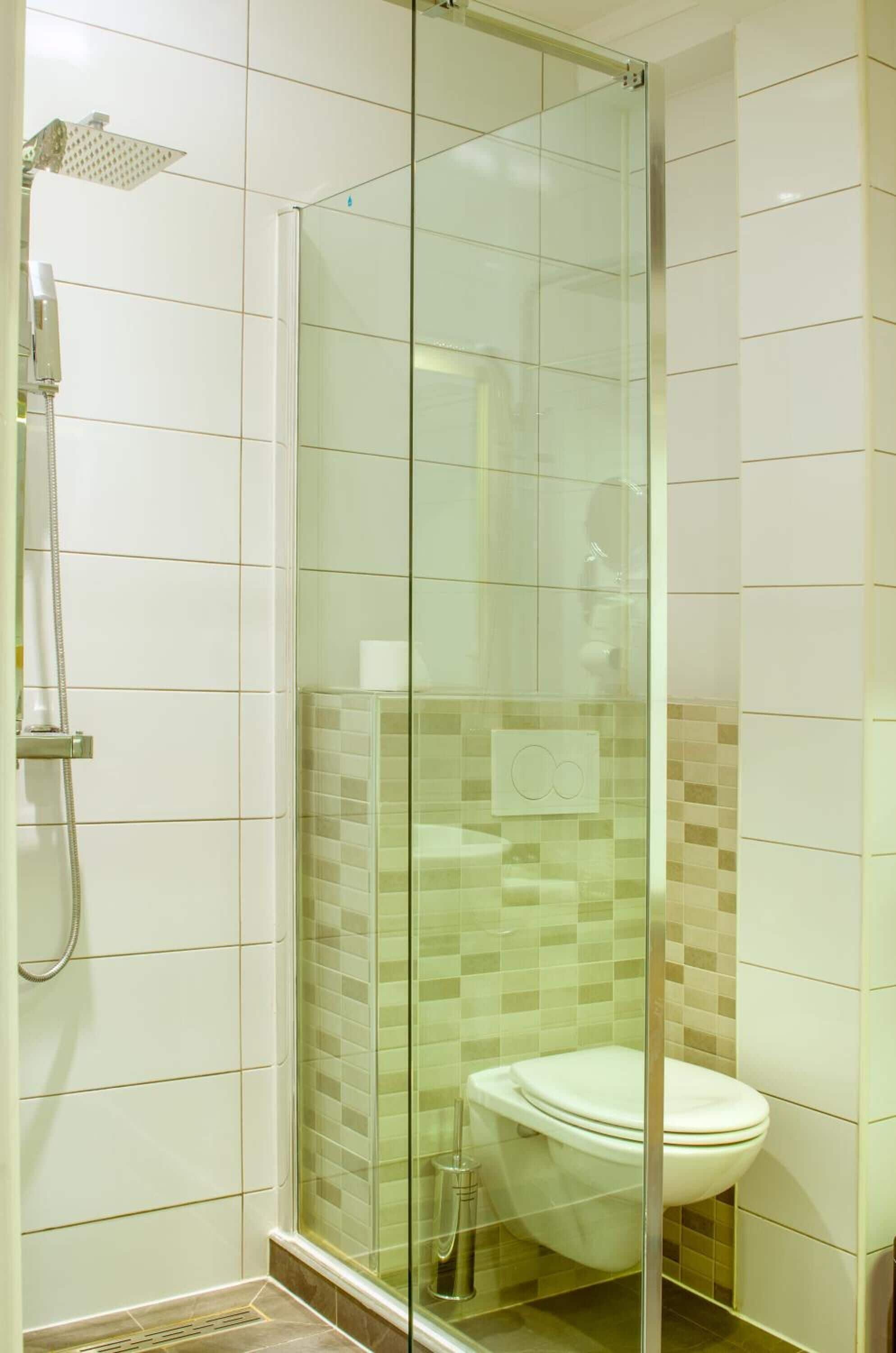 shower, rainfall showerhead, free toiletries, hair dryer