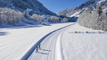 Pista da sci ricoperta di neve con sciatori, circondata da montagne boscose.