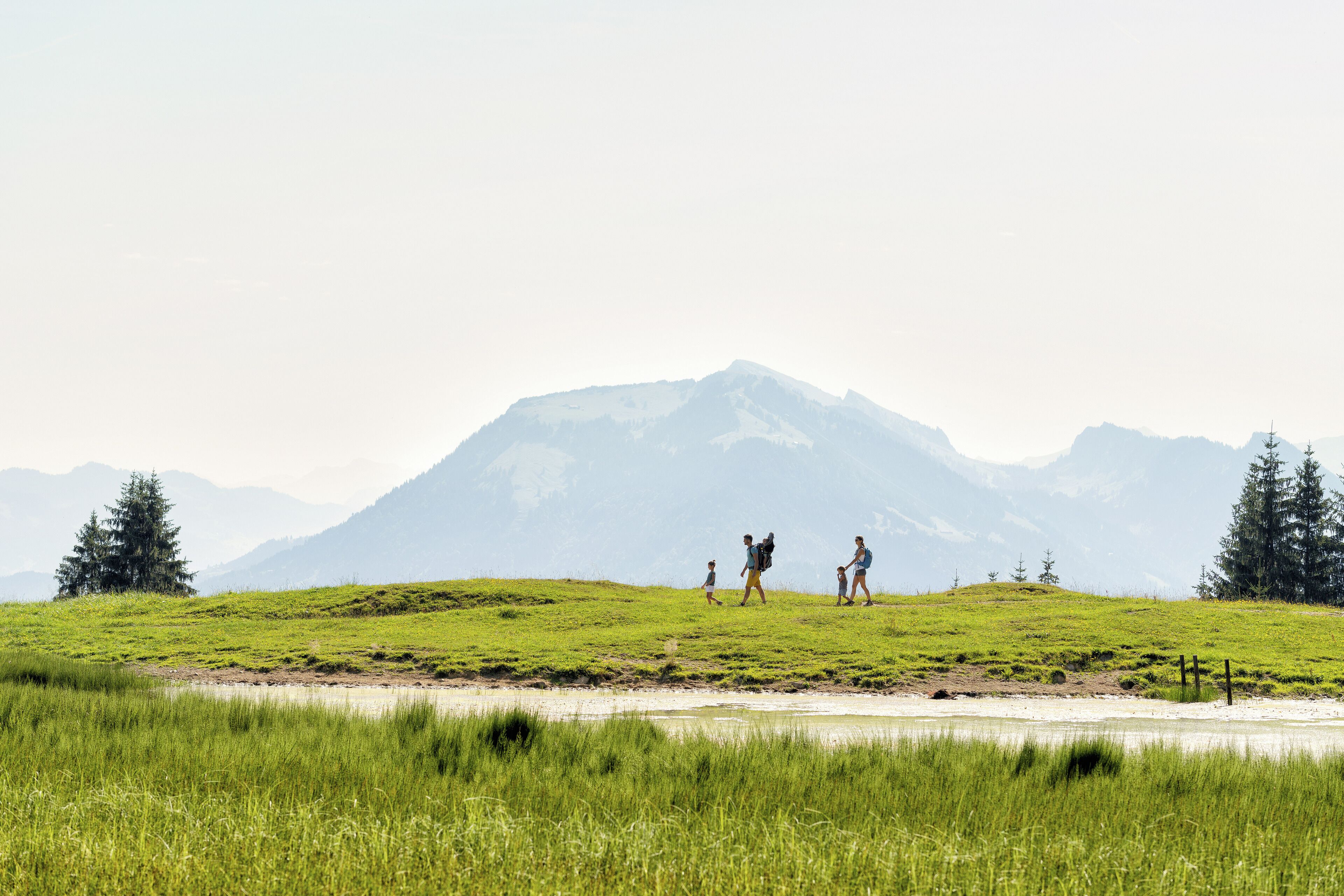 Un campo cubierto de hierba con una montaña al fondo y algunas personas caminando.