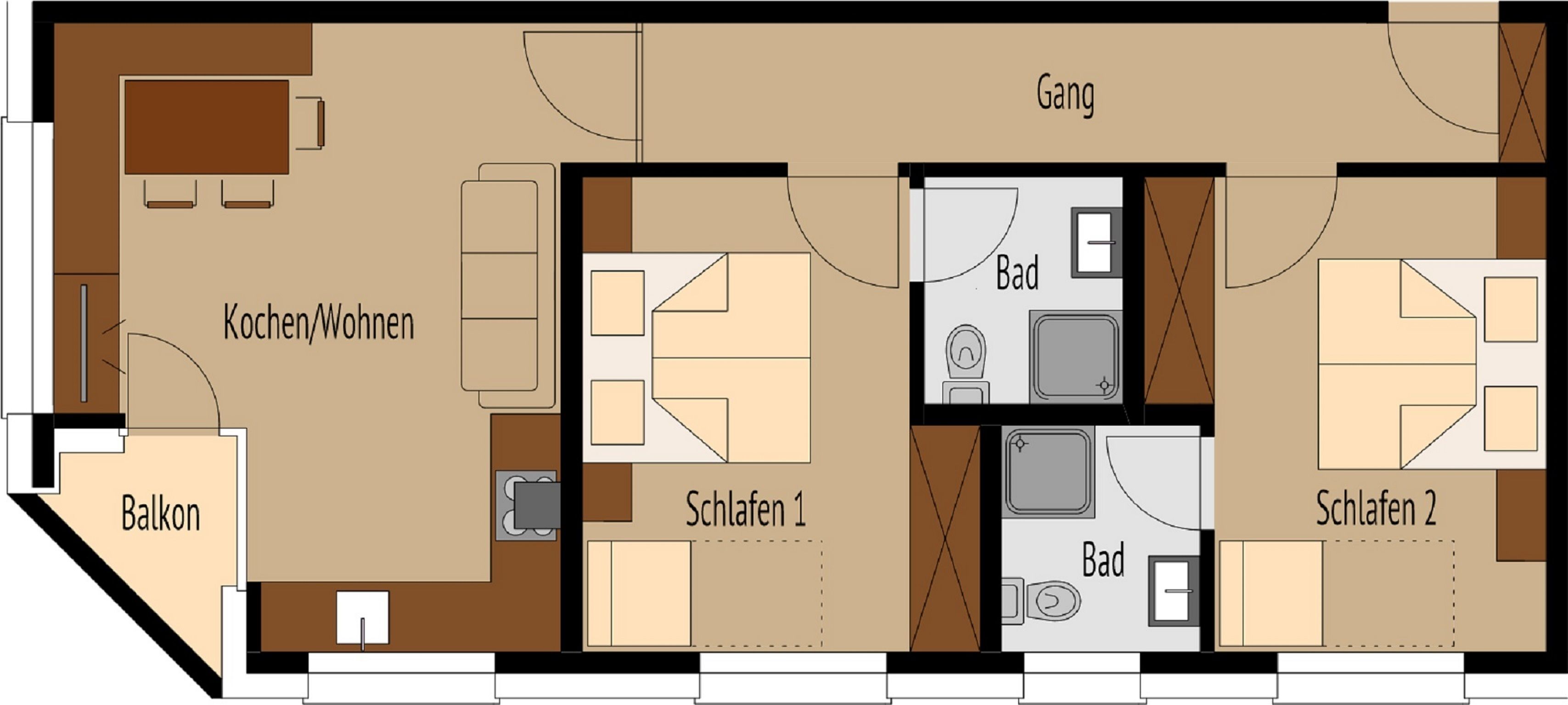 A floor plan with a kitchen, two bedrooms, a bathroom, and a balcony.