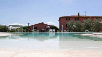 Seasonal outdoor pool, pool umbrellas, pool loungers