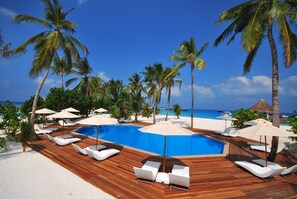 Outdoor pool, pool umbrellas, pool loungers