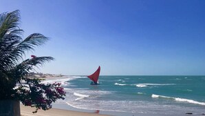 Une plage avec une clôture en bois, un palmier et un voilier sur l’eau.