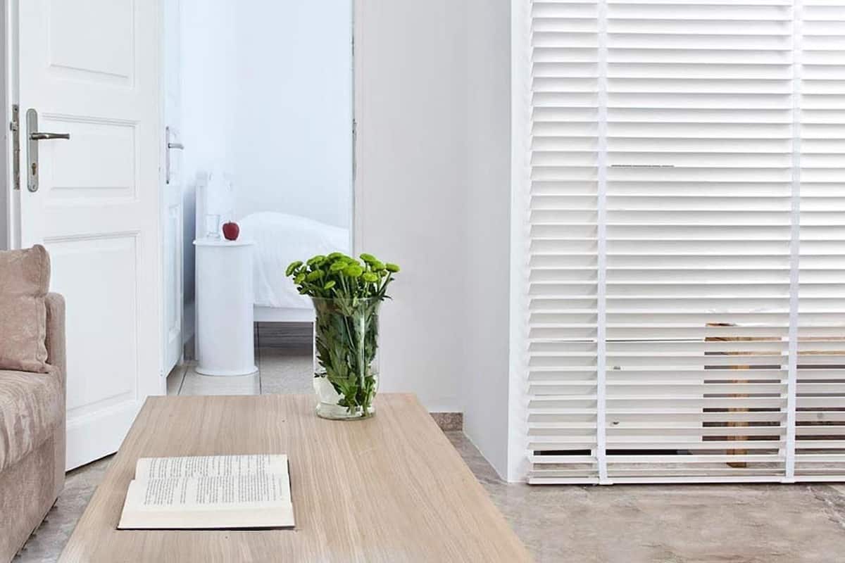 A minimalist living room with a beige sofa, a wooden coffee table with a book, a vase with green plants, a white door, and a window with blinds.