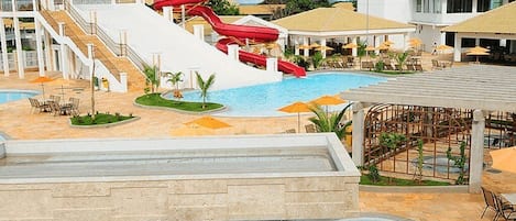 12 outdoor pools, pool loungers