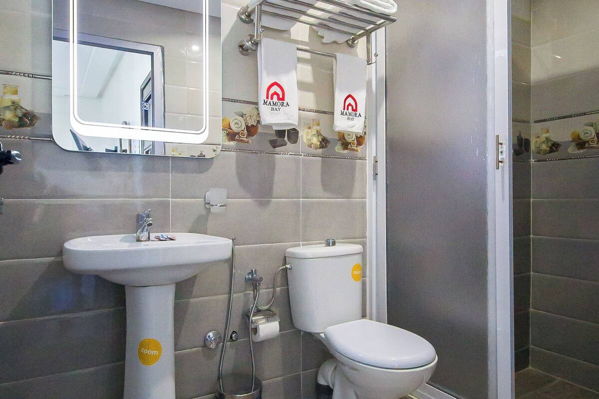 shower, rainfall showerhead, free toiletries, hair dryer