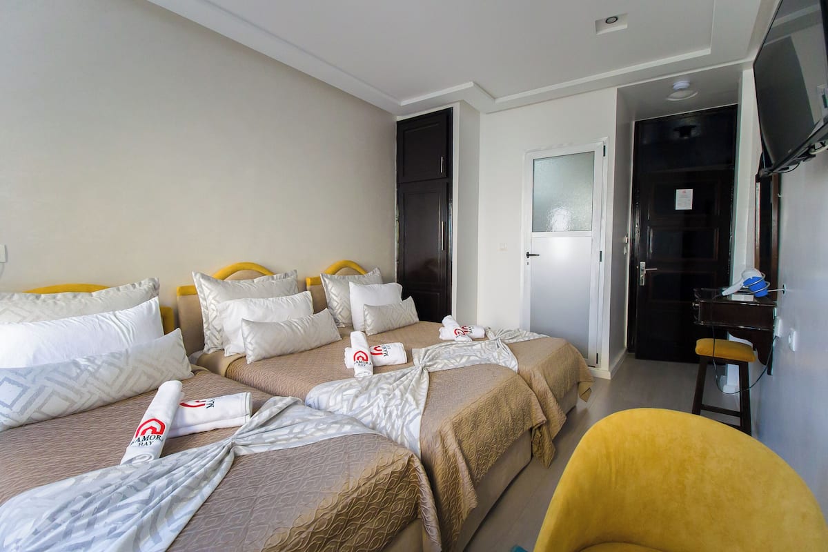 Una habitación de hotel con dos camas, un escritorio, una silla y un televisor.